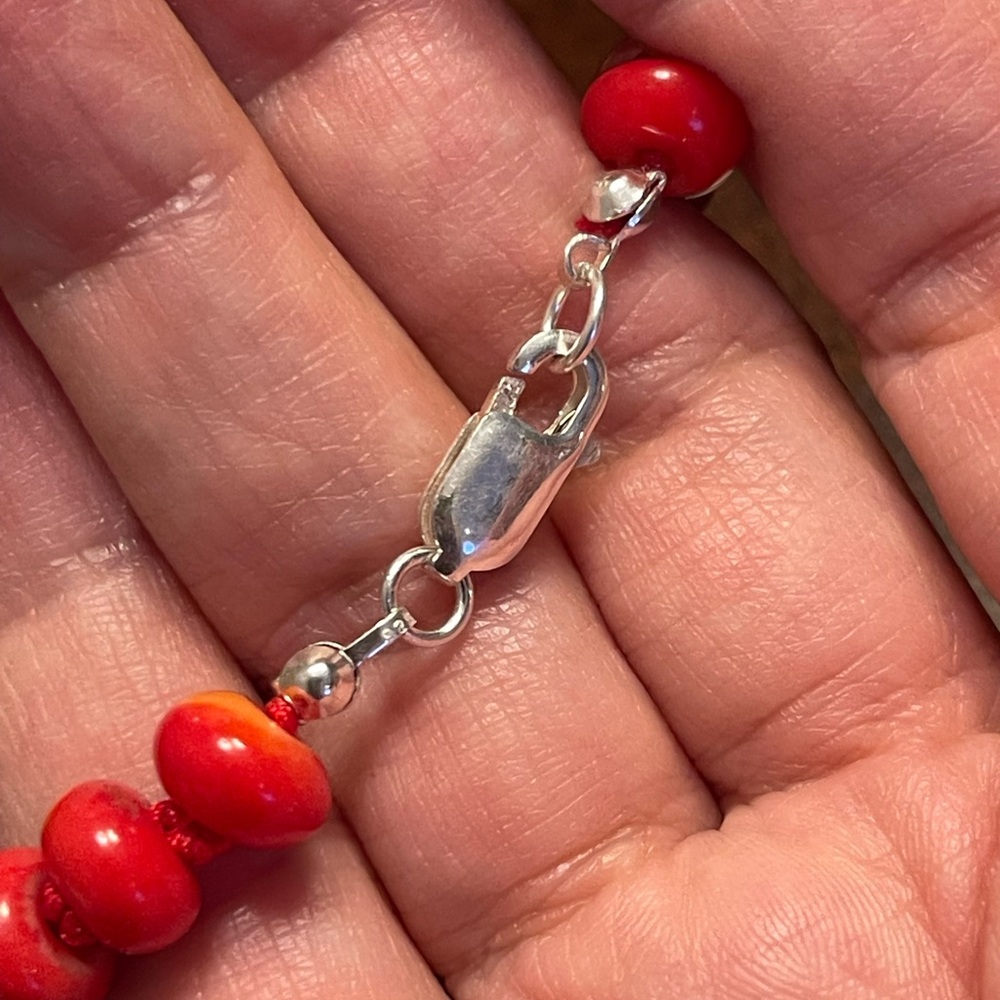 Red coral bead solid sterling silver long necklace - Picture 7 of 9